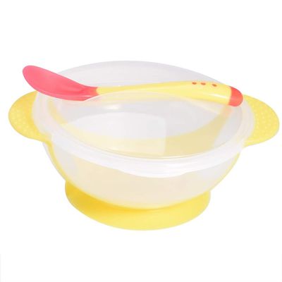 Agatige Suction Bowls for Baby, Children Slip Resistant Feeding Bowls with Sensing Spoon Cover for Home(Yellow)