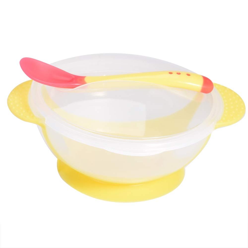 Agatige Suction Bowls for Baby, Children Slip Resistant Feeding Bowls with Sensing Spoon Cover for Home(Yellow)