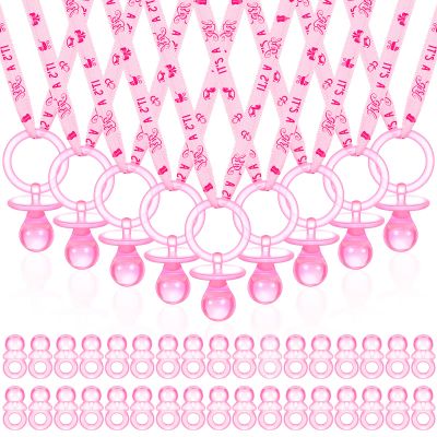 74 Pieces Baby Shower Pacifiers 24 Necklace Acrylic Plastic Pacifiers Baby Shower Game 50 Mini Plastic Charm Bulk for Party Decorations Games Table Scatter(Pink)