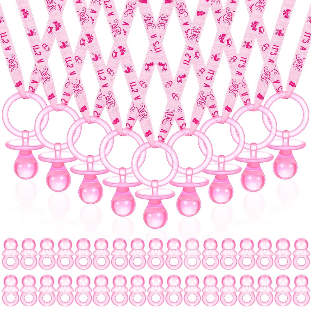 74 Pieces Baby Shower Pacifiers 24 Necklace Acrylic Plastic Pacifiers Baby Shower Game 50 Mini Plastic Charm Bulk for Party Decorations Games Table Scatter(Pink)