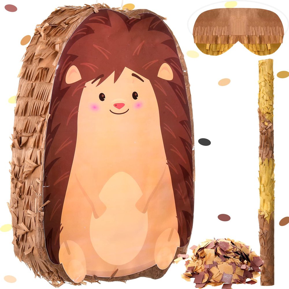 Sratte Piata Bundle with a Blindfold and Bat (16 x 12 x 3 Inches), Cute Animal Piata for Birthday Party Toys Decoration for Animal Theme Birthday Party Game Supplies Photo Prop(Hedgehog)