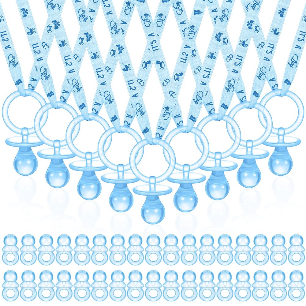 74 Pieces Baby Shower Pacifiers 24 Necklace Acrylic Plastic Pacifiers Baby Shower Game 50 Mini Plastic Charm Bulk for Party Decorations Games Table Scatter(Blue)