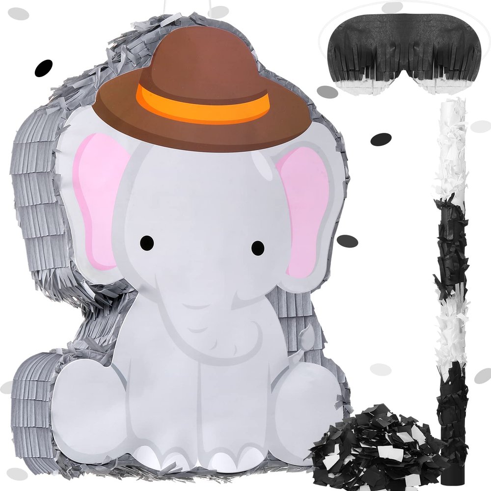 Sratte Piata Bundle with a Blindfold and Bat (16 x 12 x 3 Inches), Cute Animal Piata for Birthday Party Toys Decoration for Animal Theme Birthday Party Game Supplies Photo Prop(Elephant)