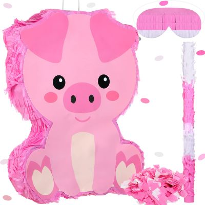 Sratte Piata Bundle with a Blindfold and Bat (16 x 12 x 3 Inches), Cute Animal Piata for Birthday Party Toys Decoration for Animal Theme Birthday Party Game Supplies Photo Prop(Piggy)
