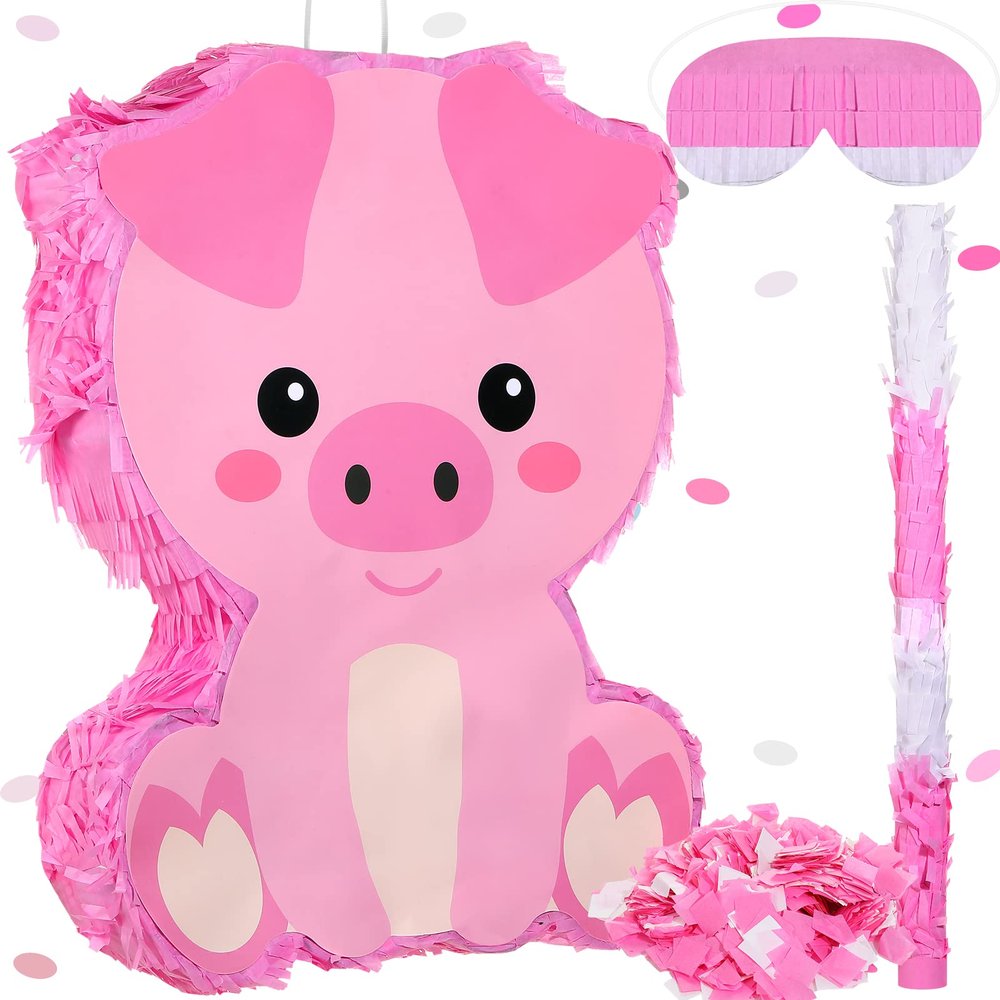 Sratte Piata Bundle with a Blindfold and Bat (16 x 12 x 3 Inches), Cute Animal Piata for Birthday Party Toys Decoration for Animal Theme Birthday Party Game Supplies Photo Prop(Piggy)