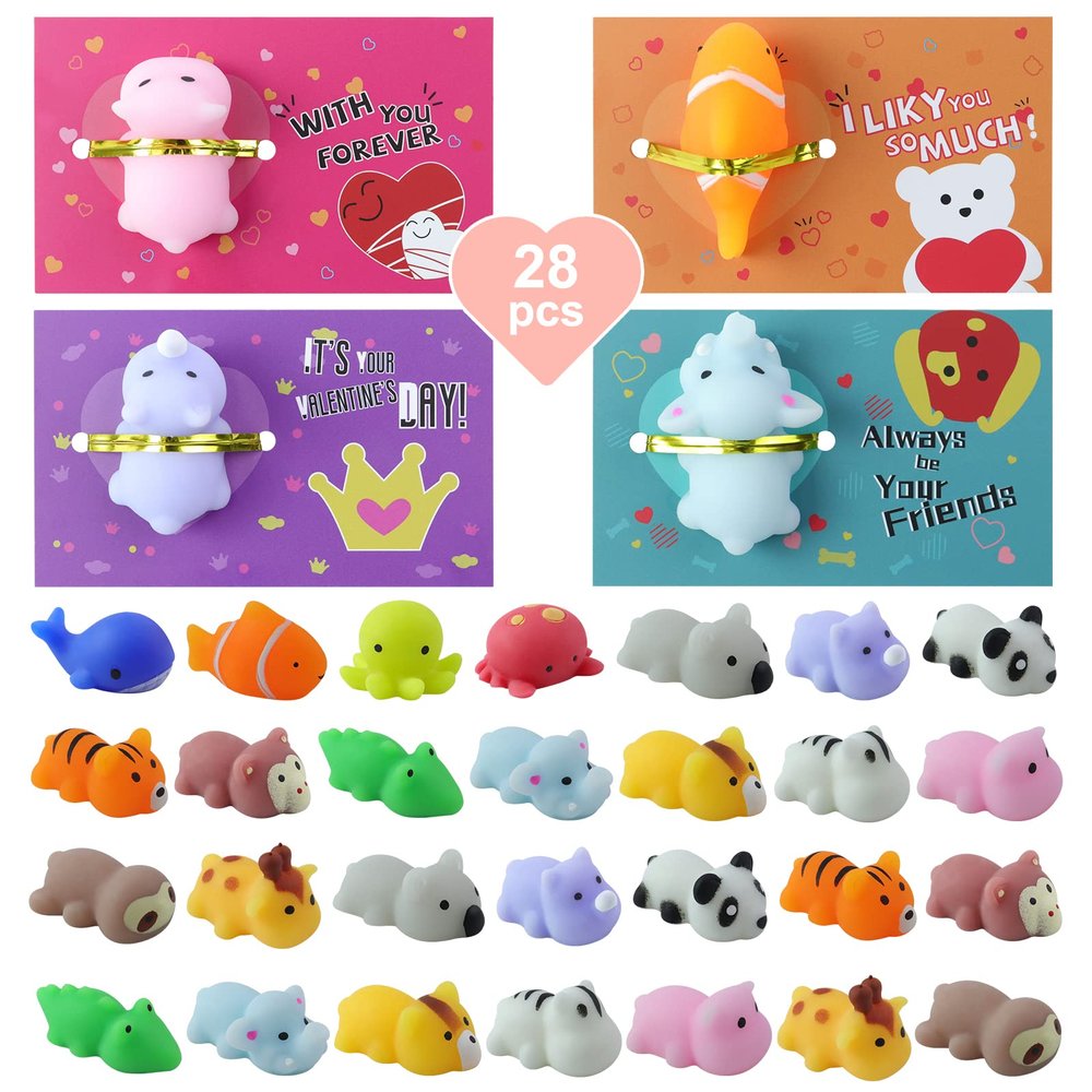 ZIZICG 28Pack Valentine Mochi Squishy Toys with Valentines Day Cards for Kids School, Kids Valentine's Day Cards Exchange Gift for School Classroom