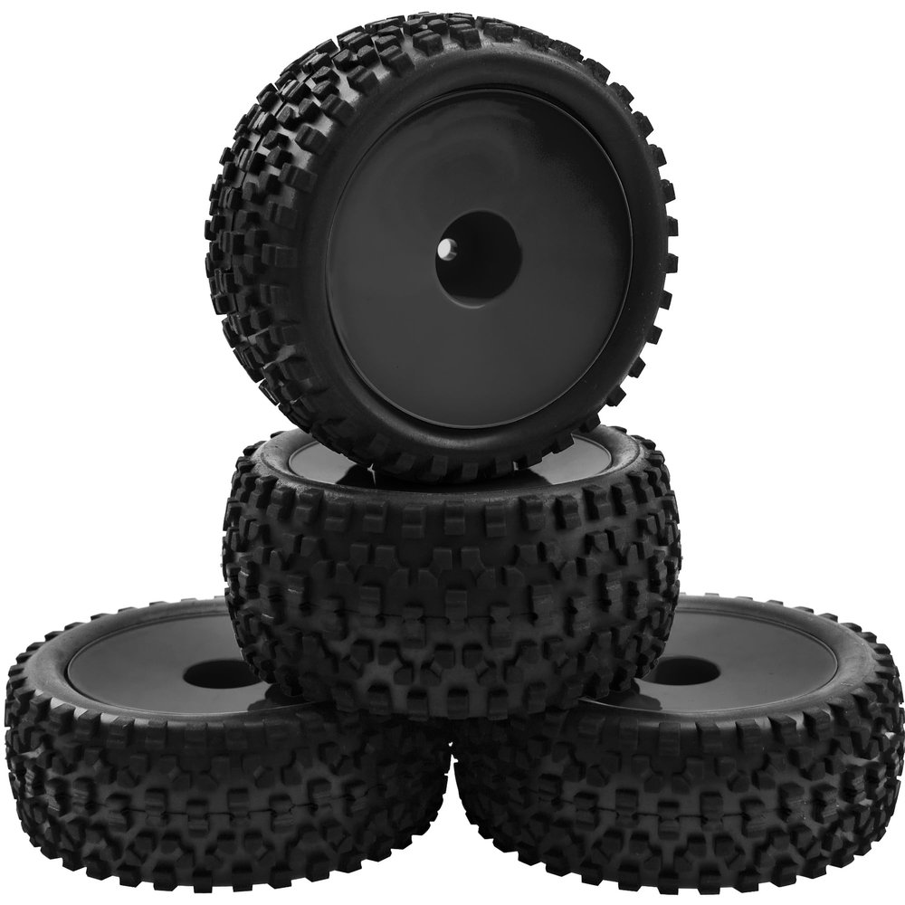 4Pack HIRCQOO OD 88mm/3.46" Front and Rear Rubber Tire Tyre & Plastic Wheel Rims 12mm Hex Hub Compatible with Redcat HPI HSP ExceedRC Kyosho Losi 1/10 Scale Off Road Buggy (Black)
