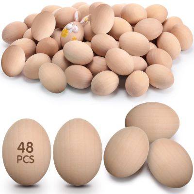 48 Pcs Wooden Easter Eggs Faux Eggs for DIY Easter Eggs Realistic Fake Eggs Crafts and Easter Decorations Eggs for Kids Easter Crafts DIY Decor Party Favors (Unpainted Color)