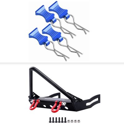 RC Front Bumper with Winch Mount & RC Car Body Clips with Pull Tabs (4-Pack) for Axial SCX10 & SCX10 II Redcat Gen7 Gen 8