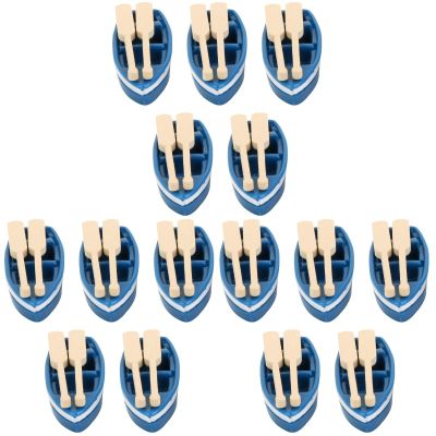 SEWACC 15 Sets Lovely Rowboat Mini Blue Wood Boat Miniature Rowboat Figurines Little Resin Boat Canoe Paddles Micro Landscape for Fairy Home Decoration