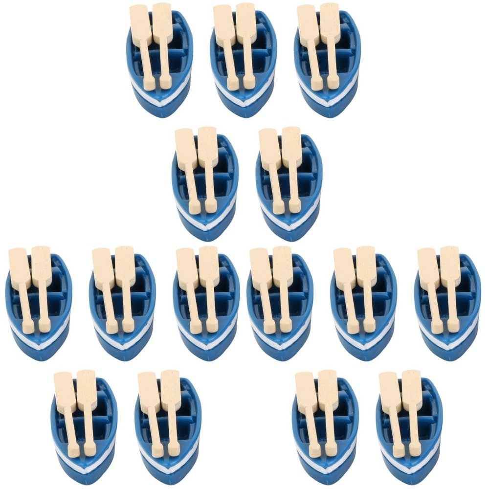 SEWACC 15 Sets Lovely Rowboat Mini Blue Wood Boat Miniature Rowboat Figurines Little Resin Boat Canoe Paddles Micro Landscape for Fairy Home Decoration