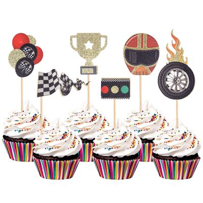 24 PCS Race Car Cupcake Toppers Assembled Helmet Traffic Light Wheel Trophy Flag Racing Car Cupcake Picks Let's Go Racing Cake Decorations for Sports Theme Baby Shower Birthday Party Supplies