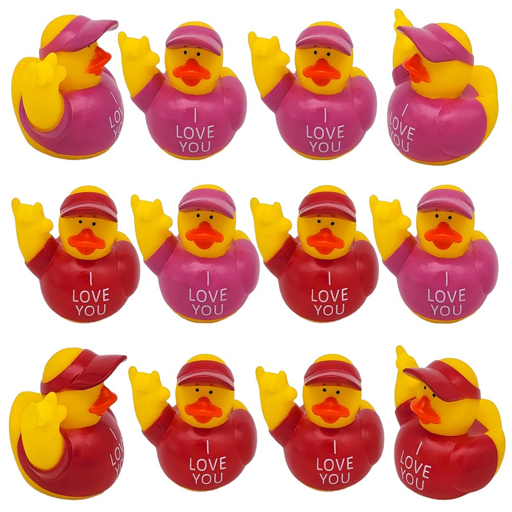 Cool Holiday Rubber I Love You Ducks (2") Standard Size. Pink and Purple. (12 Pack) Cute Duck Bath Tub Pool Toys. ( Valentine's Day Rubber Ducks)