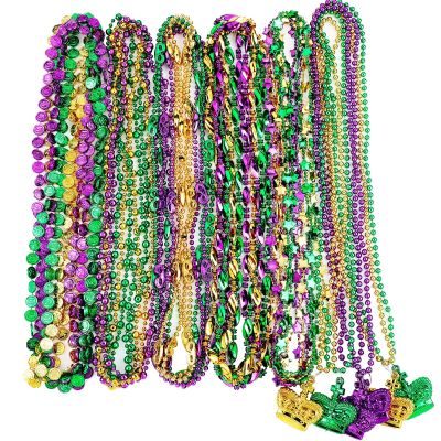 Bucherry 36 Pcs Mardi Gras Beads Necklaces Bulk 33 Inch Multi Colors Carnival Accessories Metallic Coin Crown Star Necklaces Bundle Mardi Gras Throws Bulk for Parades Party Favor Women Men