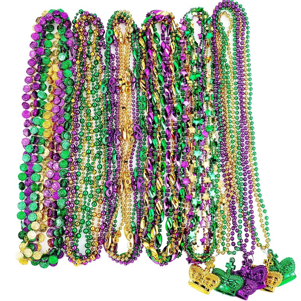 Bucherry 36 Pcs Mardi Gras Beads Necklaces Bulk 33 Inch Multi Colors Carnival Accessories Metallic Coin Crown Star Necklaces Bundle Mardi Gras Throws Bulk for Parades Party Favor Women Men