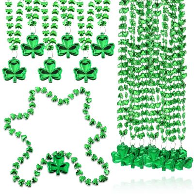 Fiada 36 Pcs St. Patrick's Day Necklaces Shamrock Bead Necklaces St. Patrick's Day Accessories Metallic Green Clover for Irish Party Favors Holiday