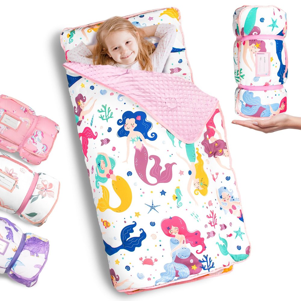 Primlect Thickened Toddler Nap Mat with Removable Pillow and Minky Blanket, Extra Large 55''x35'' Sleeping Bag, Washable, Roll up, Perfect for Daycare, Preschool, Kindergarten, Boys and Girls Mermaid