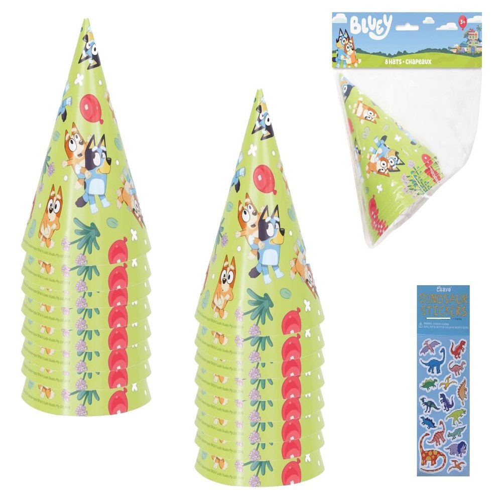 Unique Bluey Birthday Party Supplies Bundle Pack includes Party Cone Hats and 1 Dinosaur Sticker Sheet - 16 Hats