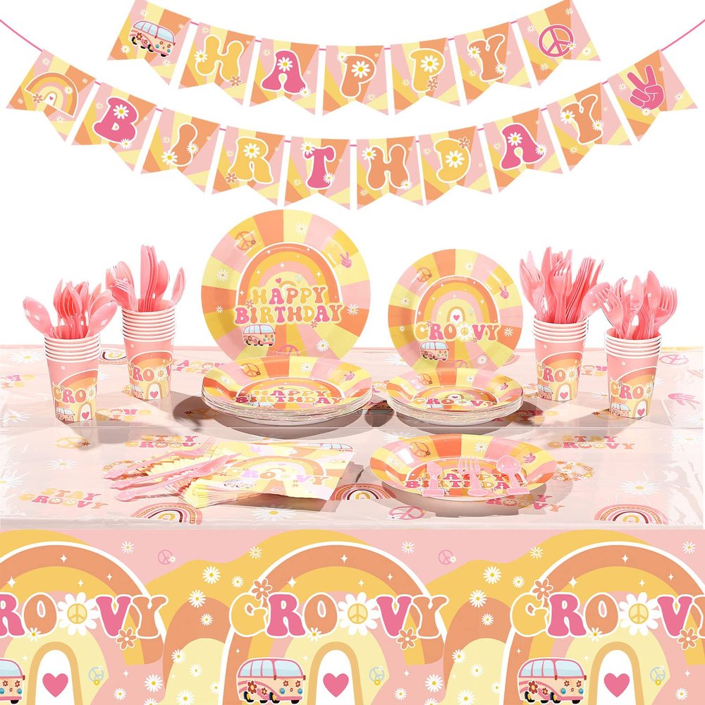 189 Pcs Two Groovy Birthday Party Tableware Set, Groovy Boho Hippie Daisy Tablecloth 24 Guests Dinner Plates Dessert Plates Cups and Napkins for Girl Retro Rainbow Boho Party Decorations Supplies