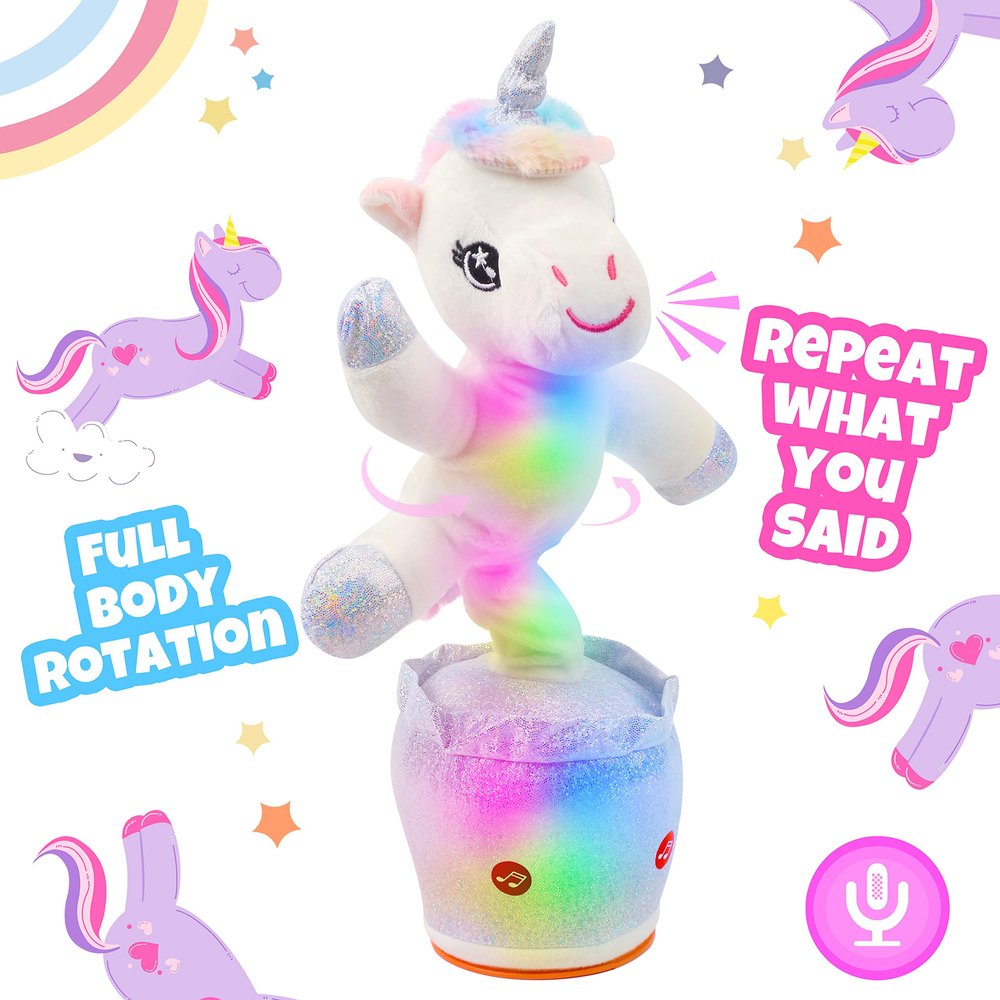 Hopearl Glowing Dancing Unicorn Talking Interactive Animated Singing Mimicking Electric Light Up Toy Speaking Gifts for Kids, White, 14.5''