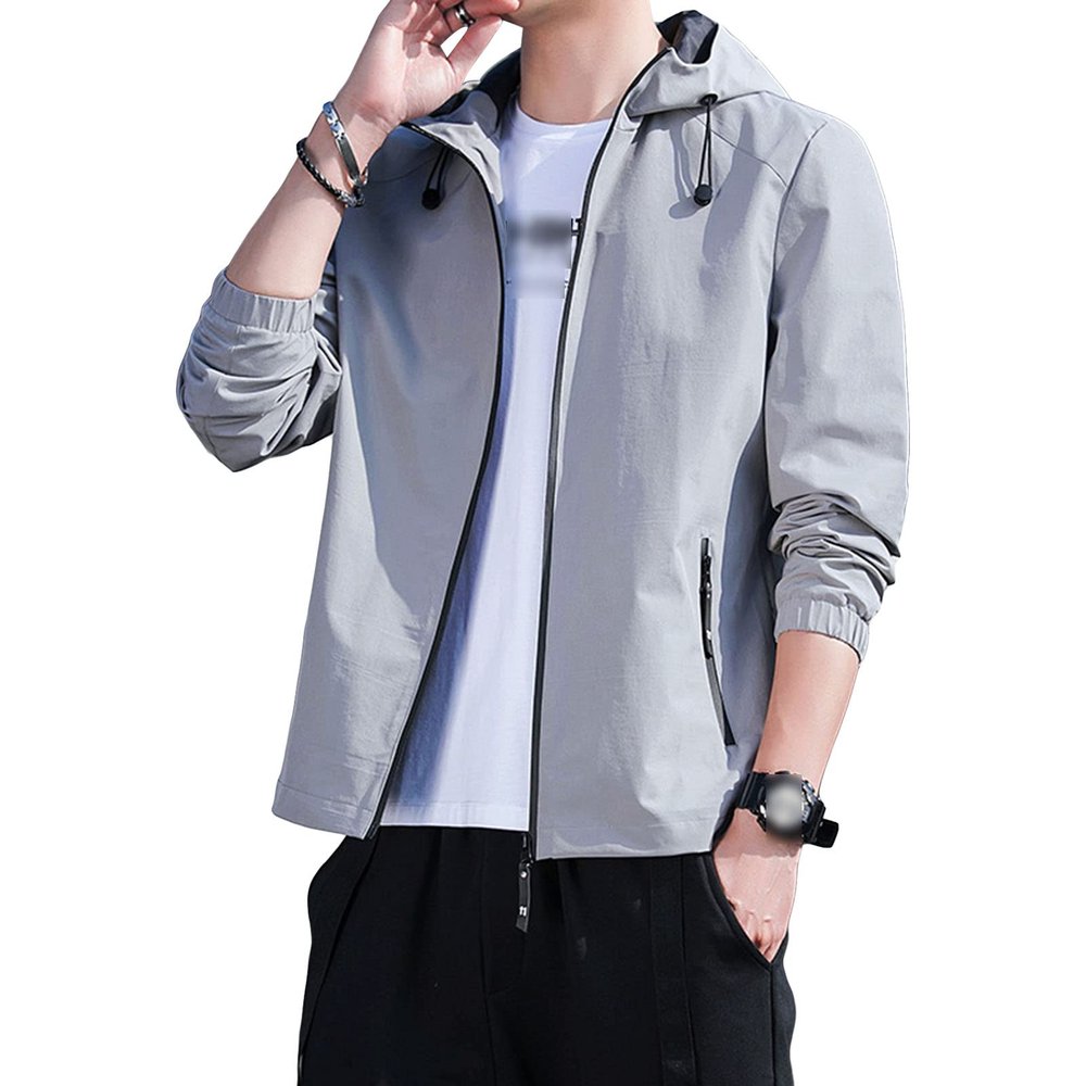 Maiyifu-GJ Men's Lightweight Full Zip Windproof Hoodie Slim Fit Casual Hooded Sweatshirt Outdoor Spring Active Windbreaker (Grey,4X-Large)
