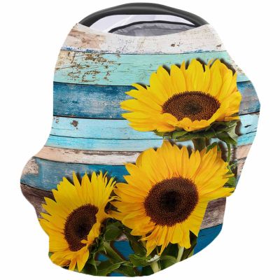 Baby Nursing Cover Carseat Canopy Vintage Pastoral Yellow Sunflower Floral Breathable Privacy Breastfeeding Scarf Watercolor Wood Plank Multi Use Car Seat Covers for Boys or Girls