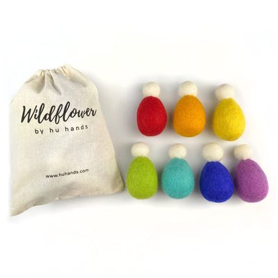 Wildflower by hu hands Rainbow Wool Peg Dolls | ROYGBIV Colors for Kids Learning, Sorting, Counting, Teaching, Pretend Play and Decor | Set of 7 | Muslin Bag
