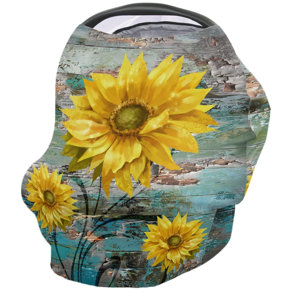 Baby Nursing Cover Carseat Canopy Yellow Blooming Sunflower Breathable Privacy Breastfeeding Scarf Watercolor Flower Rural Wood Grain Multi Use Car Seat Covers for Boys or Girls