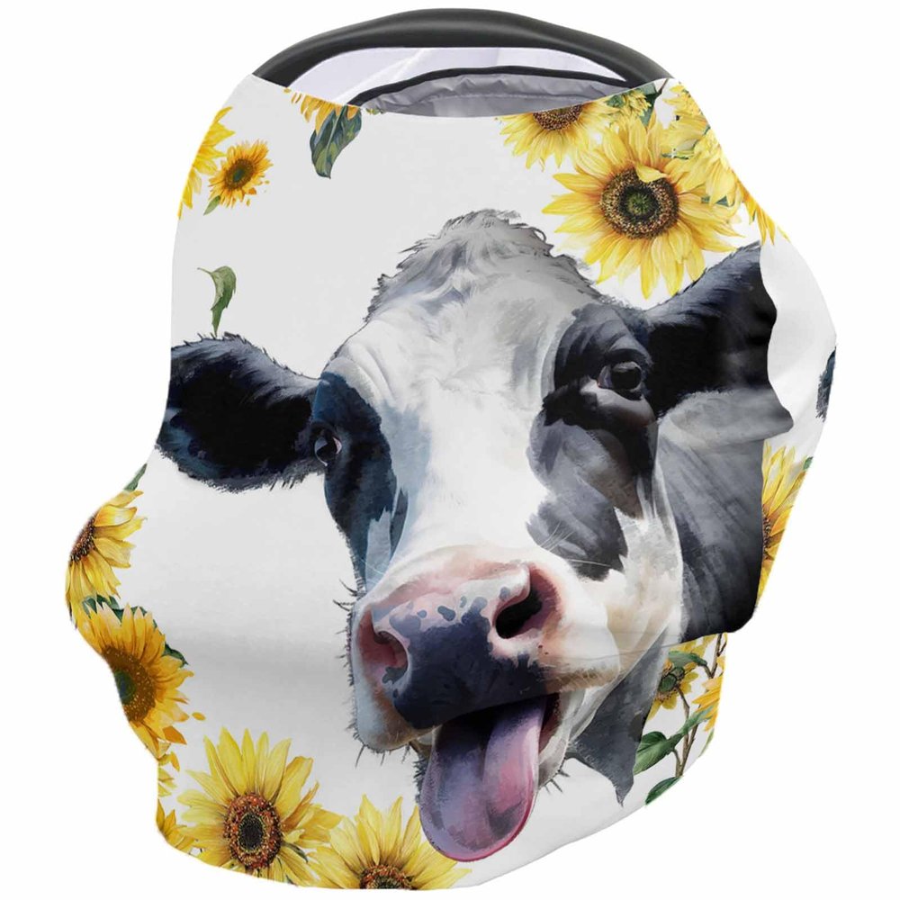 Baby Nursing Cover Carseat Canopy Farm Cow Idyllic Sunflower Breathable Privacy Breastfeeding Scarf Country Blossoms Floral and Animals Multi Use Car Seat Covers for Boys or Girls