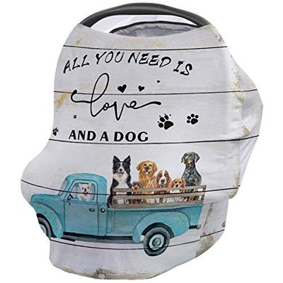 Baby Nursing Cover Carseat Canopy Rural Teal Truck and Pet Dog Breathable Privacy Breastfeeding Scarf Farm Animals with Car Wood Plank Multi Use Car Seat Covers for Boys or Girls