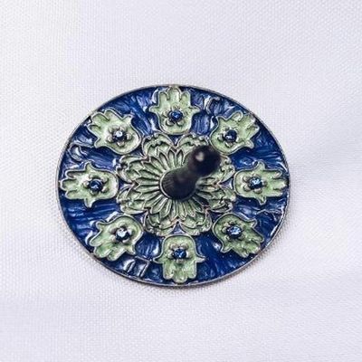 Hamsa Dreidel on Antique Silver Oxide Metal in Blue and Green