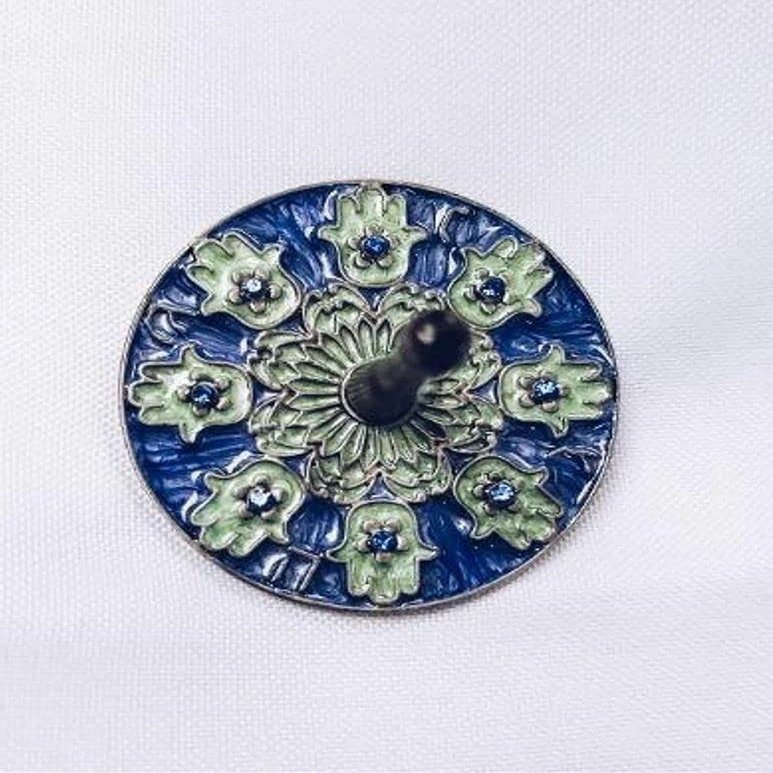 Hamsa Dreidel on Antique Silver Oxide Metal in Blue and Green