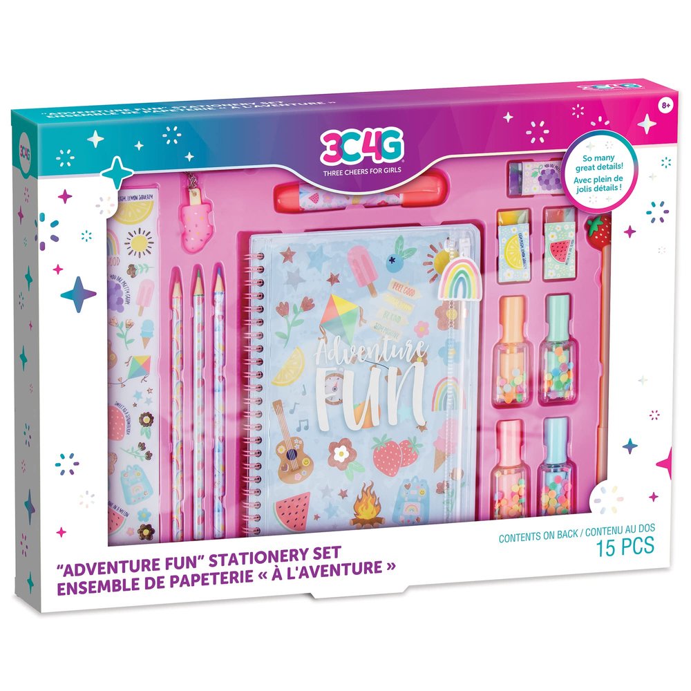 Make It Real 3C4G: Adventure Fun: Stationery Set - 15 Piece Set, Highlighters Shaped Like Nail Polish Bottles, Extendable Eraser Pen, Stickers, Three Cheers for Girls, Tween & Girls, Kids Ages 8+