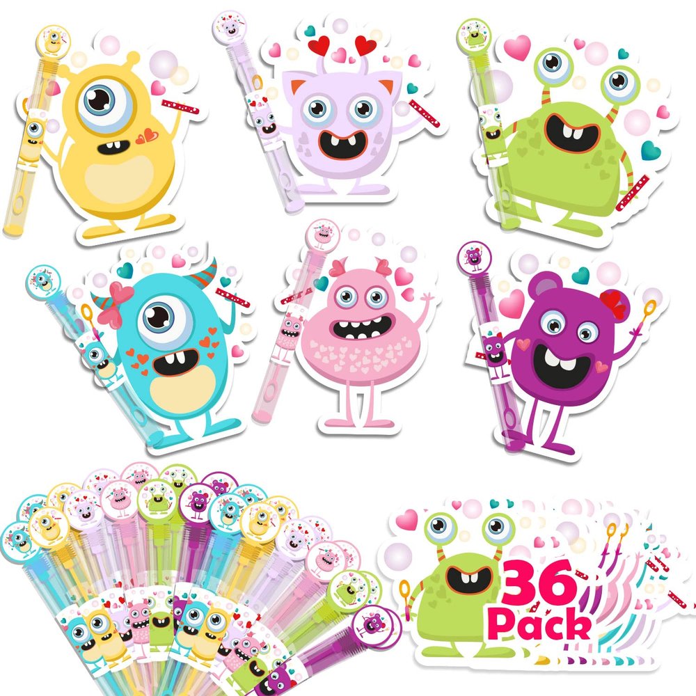 WOONOO 36 Pack Valentines Day Cards for kids With Bubble Wands, Cute Kids Valentines Cards for Classroom School Exchange Gifts, Fun Valentines Gifts for Kids Party Favors Game Prizes
