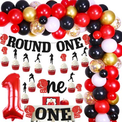 Boxing 1st Birthday Party Decorations for Boys - Round One Banner, High Chair Banner, Gloves Cake Cupcake Toppers for Wrestling Party Supplies
