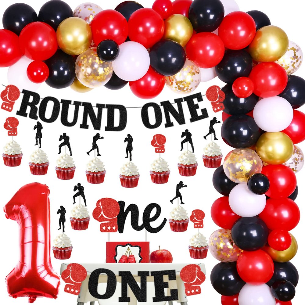 Boxing 1st Birthday Party Decorations for Boys - Round One Banner, High Chair Banner, Gloves Cake Cupcake Toppers for Wrestling Party Supplies