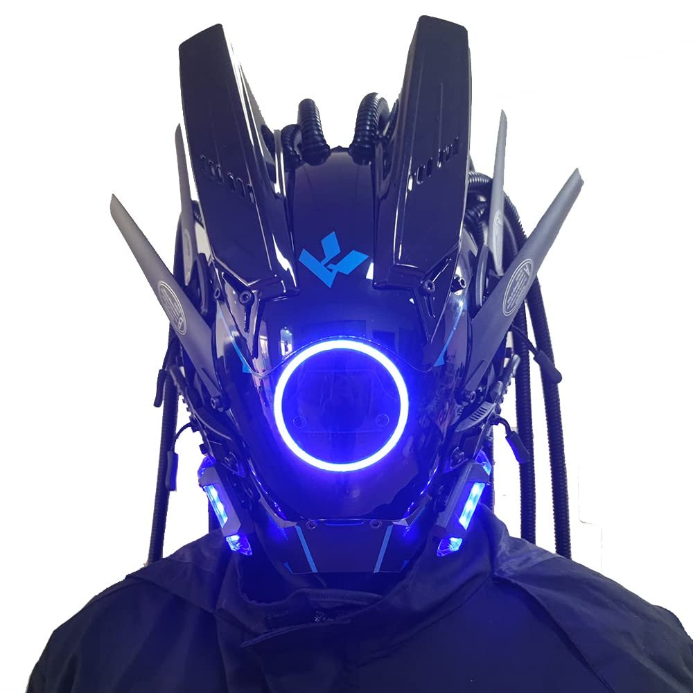 KYEDAY Punk Mask Cosplay for Men, Futuristic Punk Techwear, Round Light with Braids Mask Cosplay Halloween Fit Party Music Festival Accessories (blue)