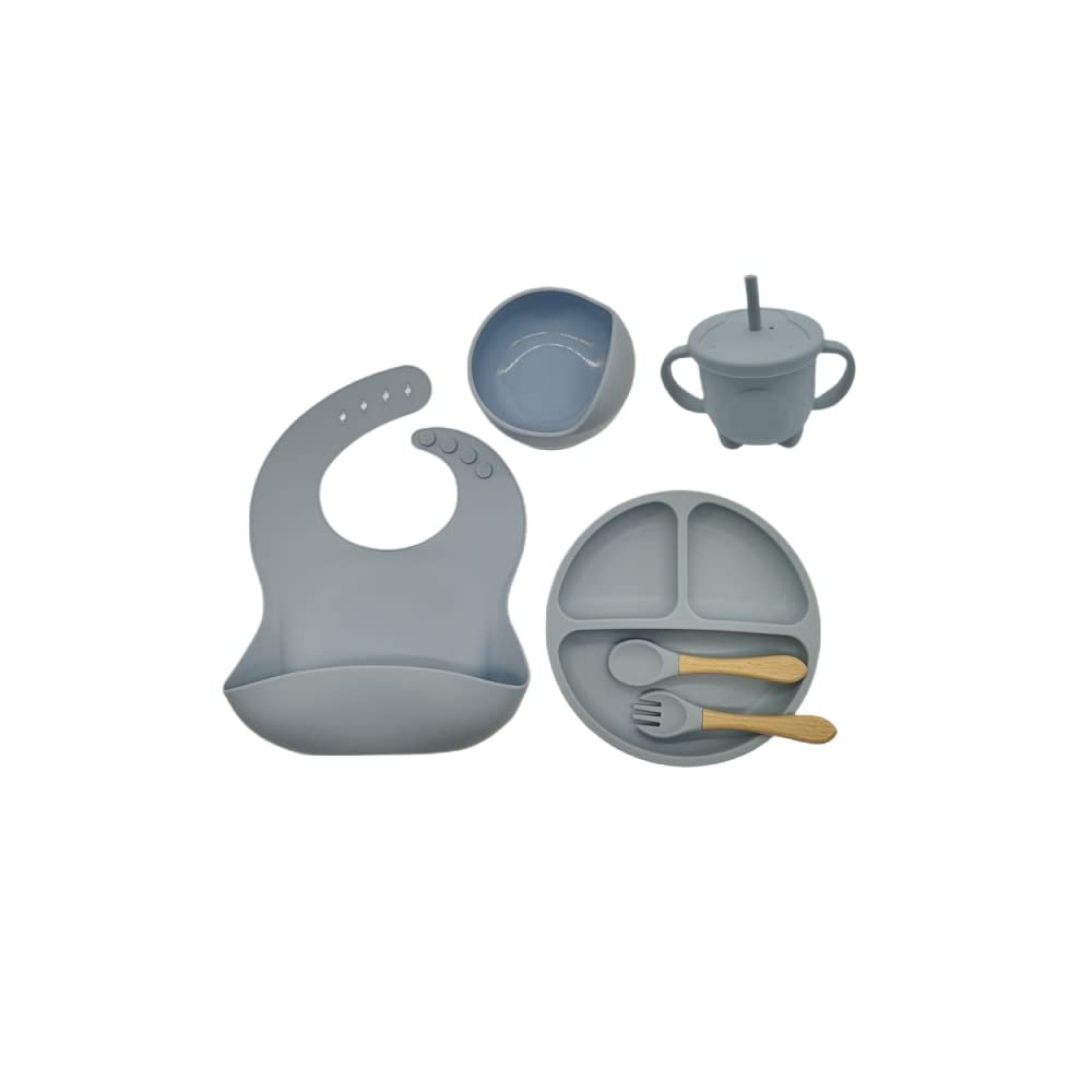 6-Piece Baby Feeding Set Silicone Suction Cups Baby Bibs Silicone Bowl Silicone Spoon and Fork Silicone Cup with Straw Baby Tableware Set (Grey Blue)