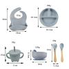 6-Piece Baby Feeding Set Silicone Suction Cups Baby Bibs Silicone Bowl Silicone Spoon and Fork Silicone Cup with Straw Baby Tableware Set (Grey Blue) view 2