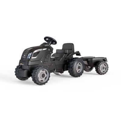 Smoby - Farmer XL Black Tractor + Trailer - Child Pedal Tractor - Adjustable Seat - Steering Wheel with Horn - Open Hood - for Ages 3+ - Made in France