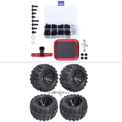 1/10 RC Truck Tires and Wheels Pre-Glued & 352pcs RC Screw Kit w/Screw Tray 17mm Hex Wrench for 1/10 Traxxas Rustler Stampede Redcat Volcano Blackout