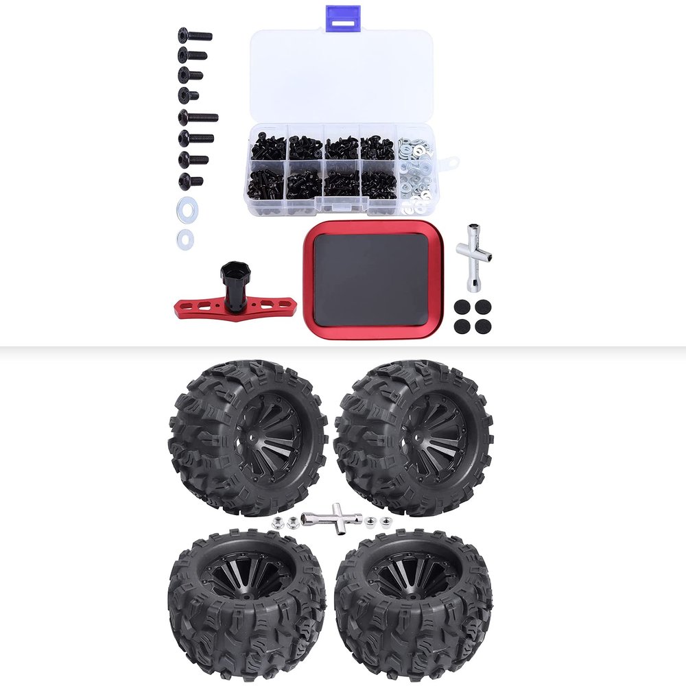 1/10 RC Truck Tires and Wheels Pre-Glued & 352pcs RC Screw Kit w/Screw Tray 17mm Hex Wrench for 1/10 Traxxas Rustler Stampede Redcat Volcano Blackout