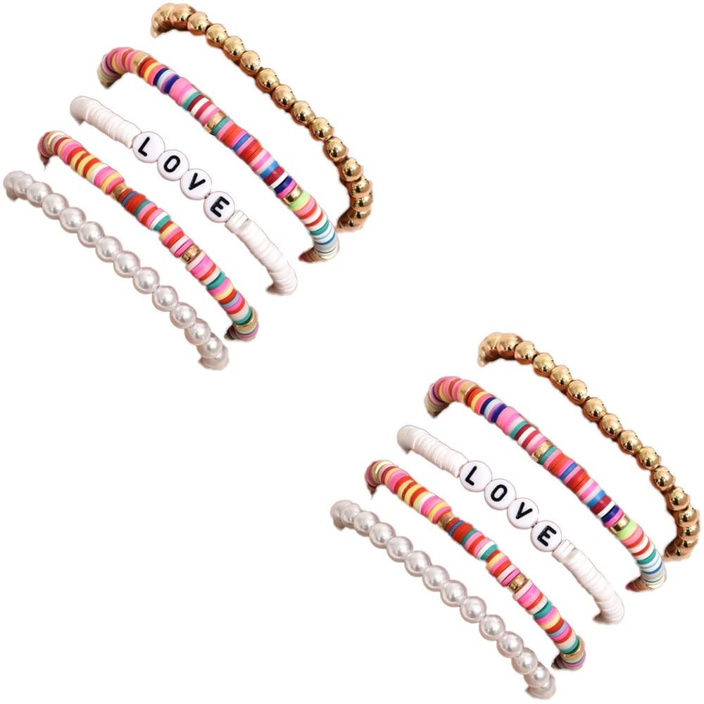Magik 5-10 Pc Set Bohemian Colorful Clay Beaded Stackable Handmade Polymer Bracelet (#2 Rainbow, 2 Set(10Pcs))
