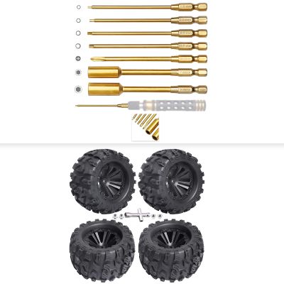 1/10 RC Truck Tires and Wheels Pre-Glued & RC Allen Wrench Drill Bits for 1/10 Traxxas Rustler Stampede Redcat Volcano Blackout