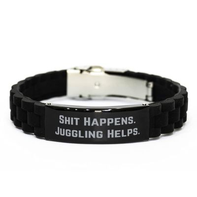 Brilliant Juggling Gifts, Shit Happens. Juggling Helps, Inspire Holiday Black Glidelock Clasp Bracelet from Friends, Holiday Jewelry, Black Bracelet, Gift for her, Bracelet Gift