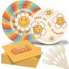 98 Pcs Groovy Birthday Tableware Set Retro Daisies Flowers Theme Party Decorations Paper Plates Napkins Forks for Wedding Birthday Baby Bridal Shower Tableware Kit Party Favor 24 Guests view 1