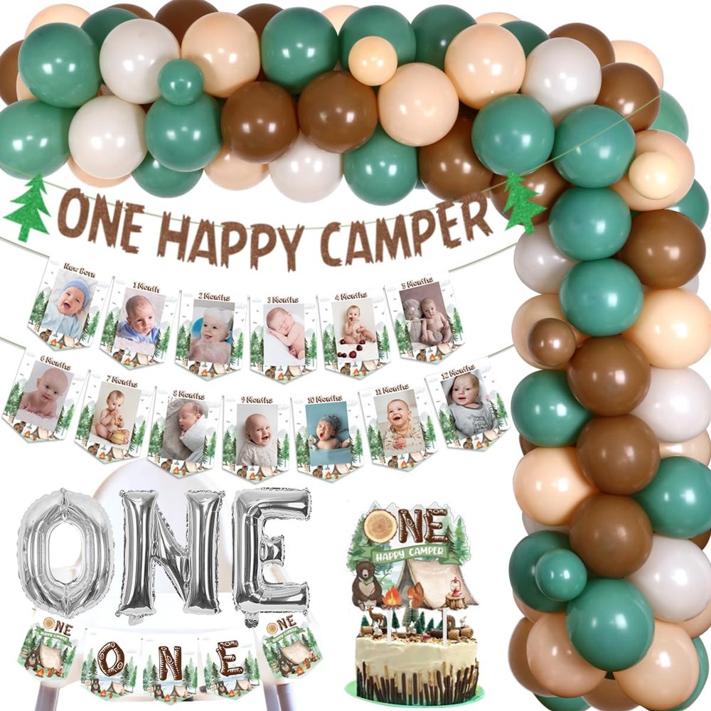 One Happy Camper Birthday Decorations for Kids Green Balloon Garland One Happy Camper Photo Banner Cake Topper 1st Forest Camping Birthday Backdrop Adventure Lets Go Camping Party 1st Supplies