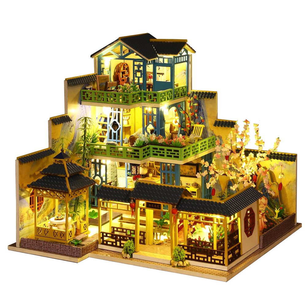 Spilay Dollhouse DIY Miniature Wooden Furniture Kit,Mini Handmade Big Castle Model with Dust Cover & Music Box,with dust Cover 1:24 Scale Creative Doll House for Adult Gift