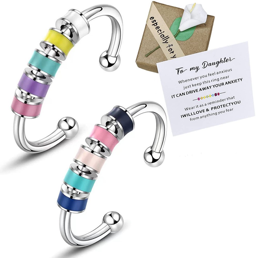 Skyfun 2 pcs Anxiety Ring Set to My Daughter Colorful Beads Spinner Adjustable FidgetJewelry Gift for Daughter Stainless Steel Anxiety Ring for Daughter with Box and Card Valentine's Day Gifts