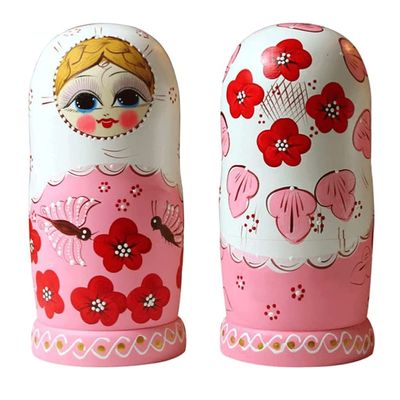 HRTC Handmade Matryoshka 10pcs Russian Nesting Dolls Red Flower with Butterfly Handmade Wood Stacking Nested Set Matryoshka Collectible Dolls Toy Set Surprise Gift
